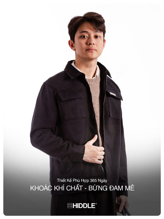 Man wearing a dark coat over a light sweater on a white background