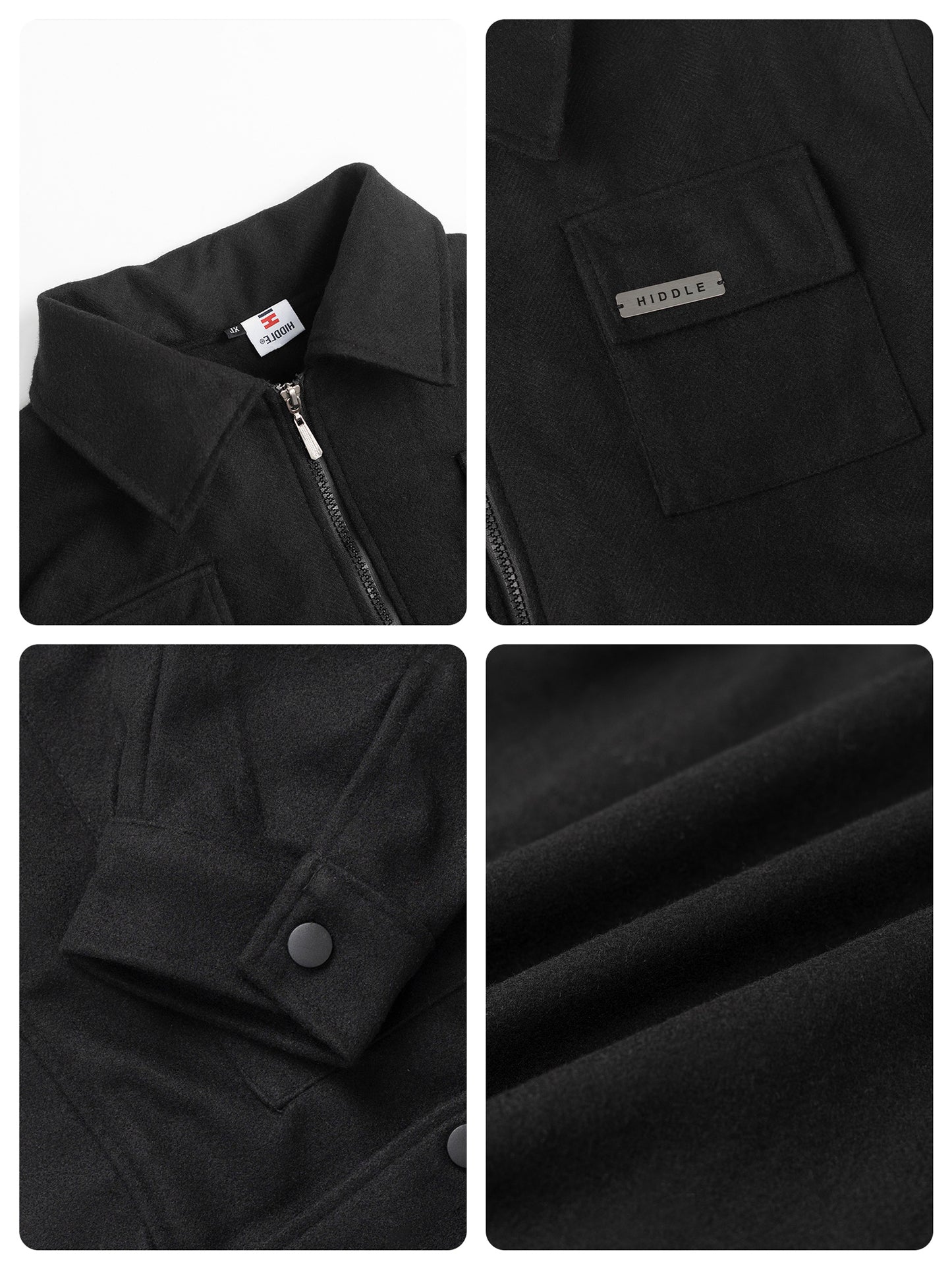 Collage of a black jacket with close-up details on a white background