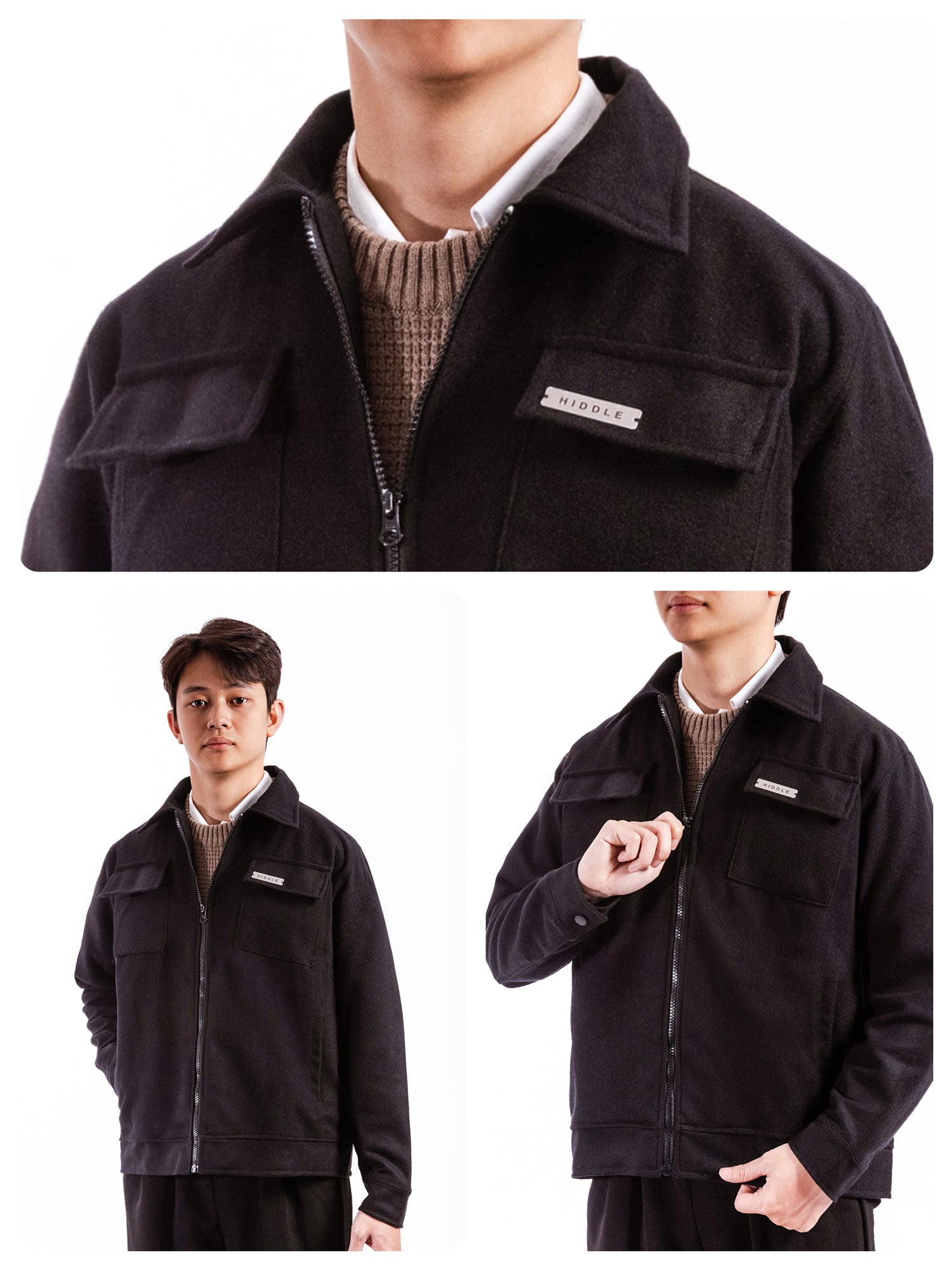 Black jacket with brand logo worn by a person on a white background