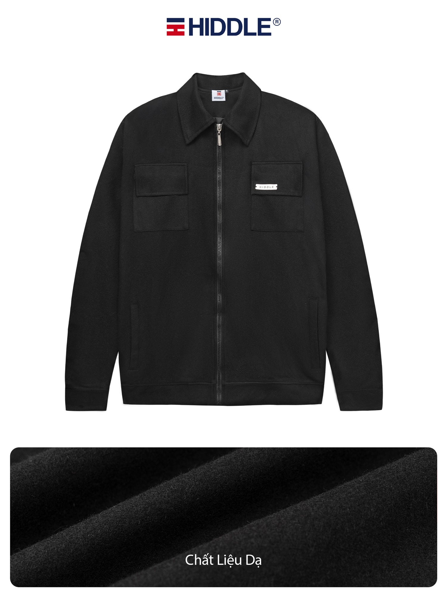 Black jacket with Hiddle logo on a white background