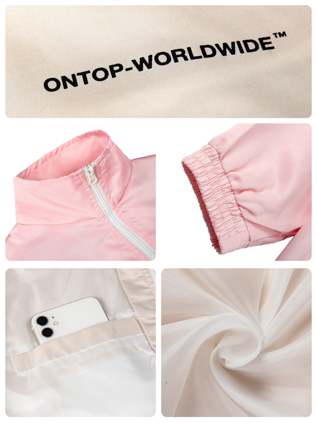 Collage of pink jacket details with 'ONTOP-WORLDWIDE' branding.