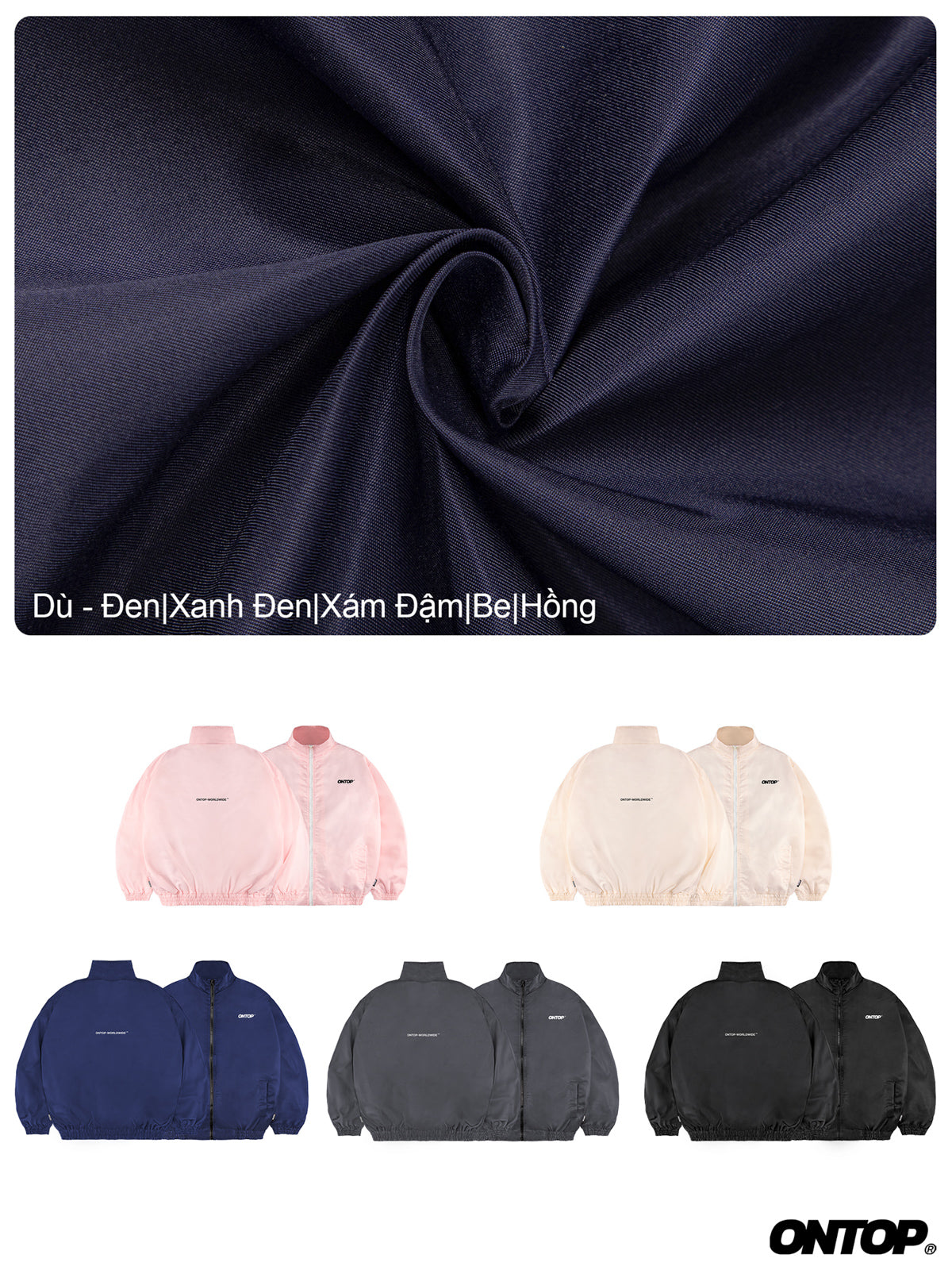 Navy fabric swatch with jacket color options displayed below