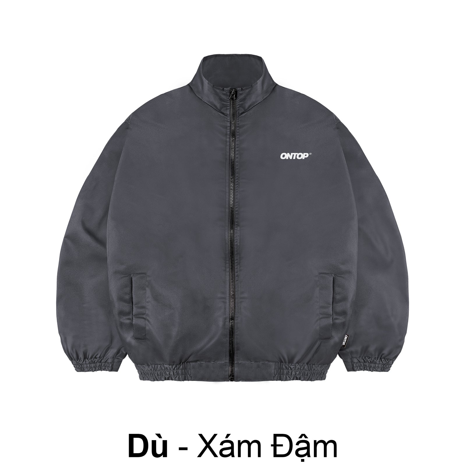 Dark gray jacket with a brand logo on a white background