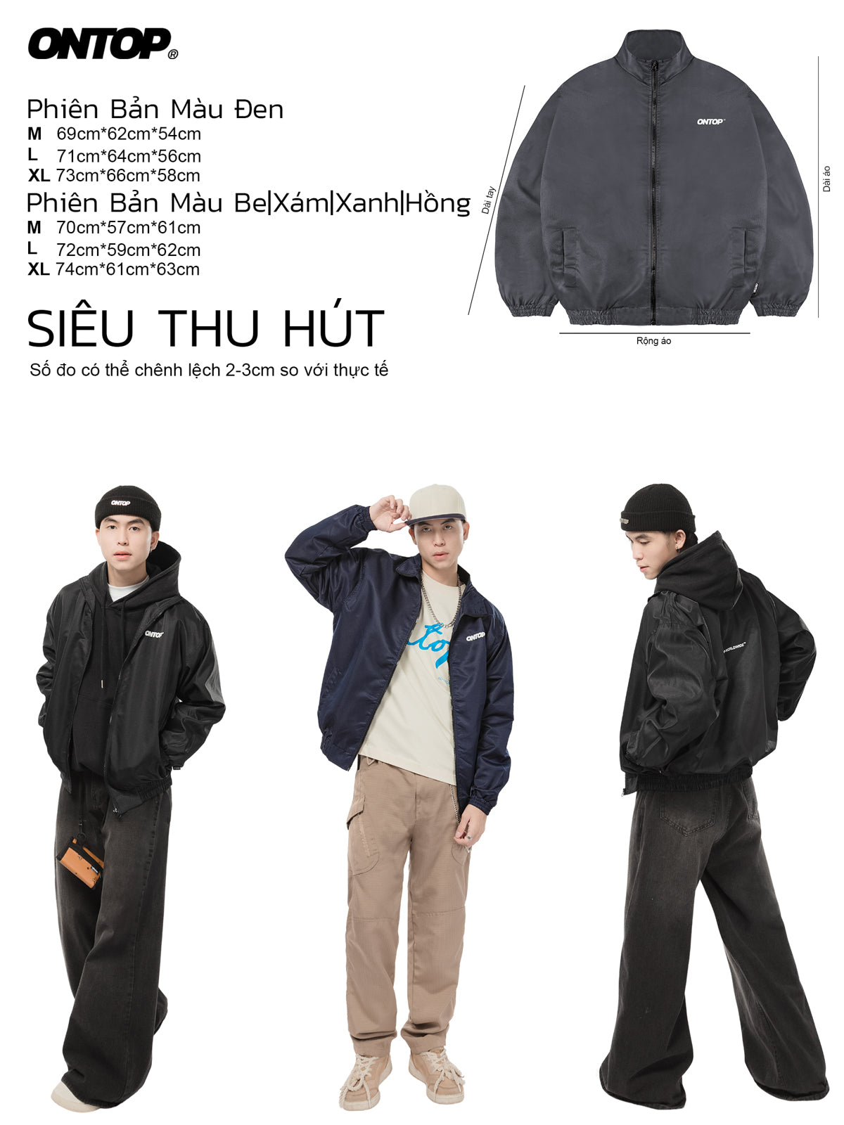 Black jacket with size chart and model wearing the jacket in various poses on a white background