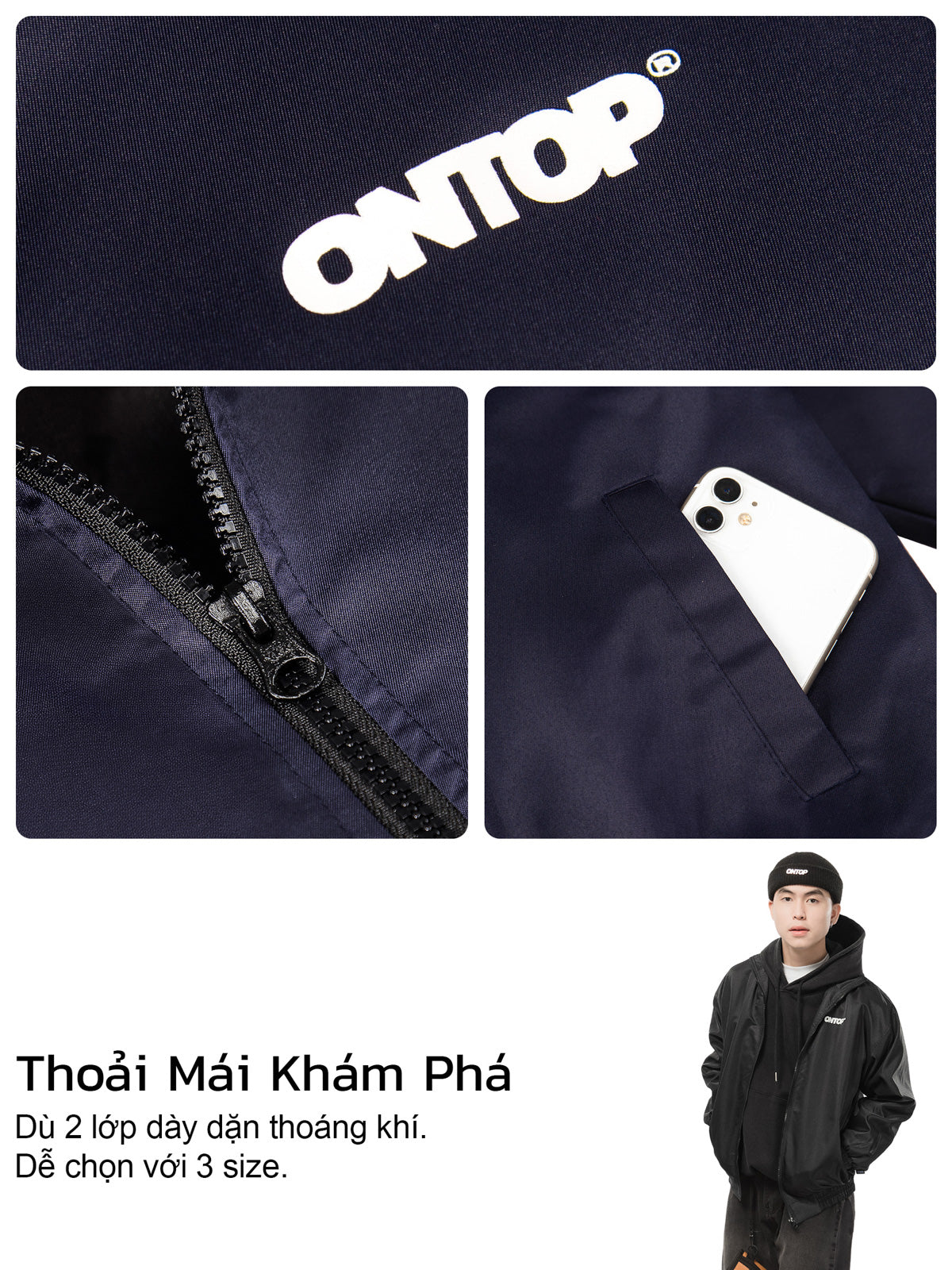 Navy raincoat with ONTOP branding, showing features like zipper and pocket, with a person wearing the raincoat.