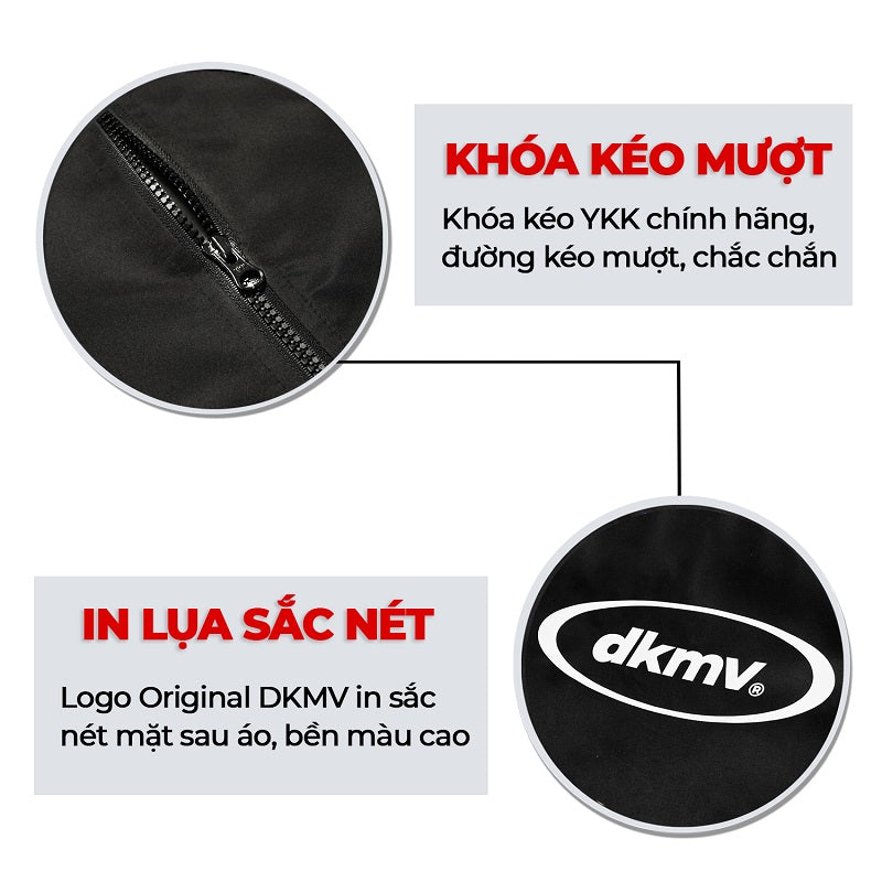 Product features with zipper detail and DKMV logo on a white background