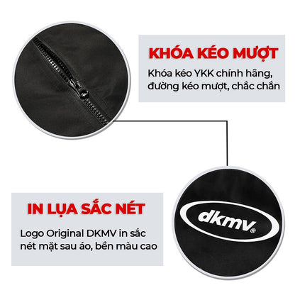 Product features with zipper detail and DKMV logo on a white background