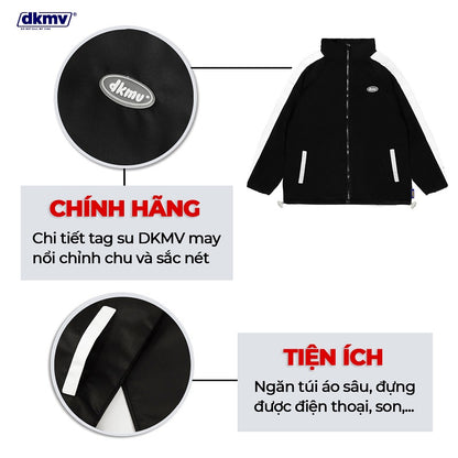 Black jacket with DKMV branding and product features on a white background