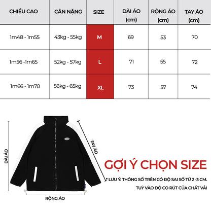 Size chart for a jacket with dimensions and weight ranges.