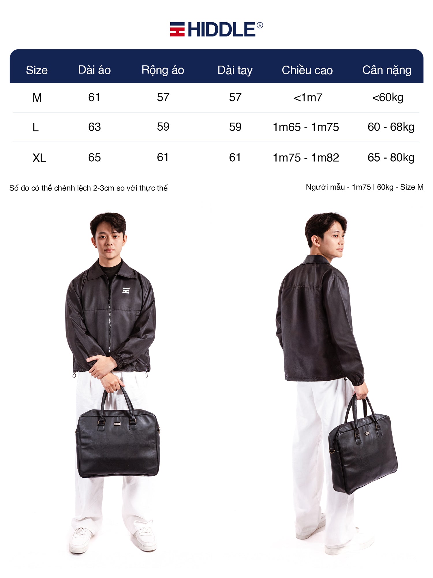 Two people wearing black jackets holding briefcases with a Hiddle logo and size chart.