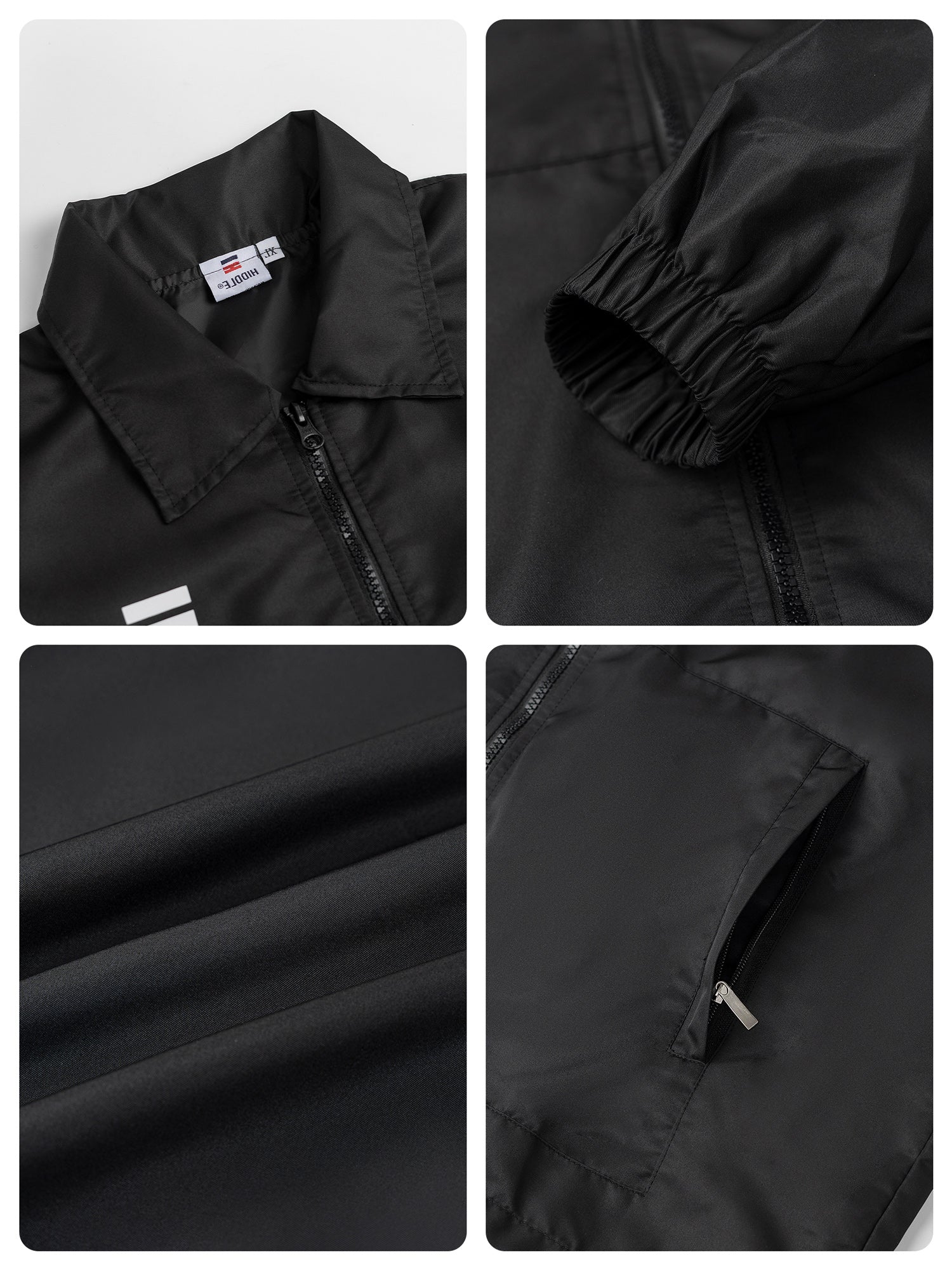 Collage of a black jacket with close-up details on a white background