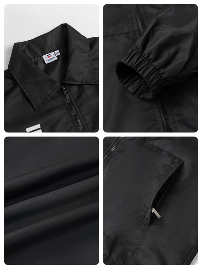 Collage of a black jacket with close-up details on a white background