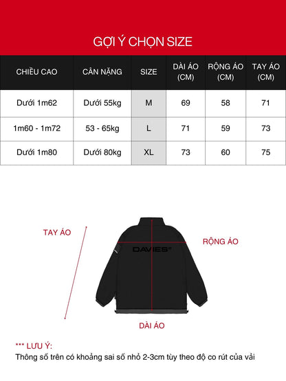 Size chart for a jacket with measurements in centimeters on a red and black background.