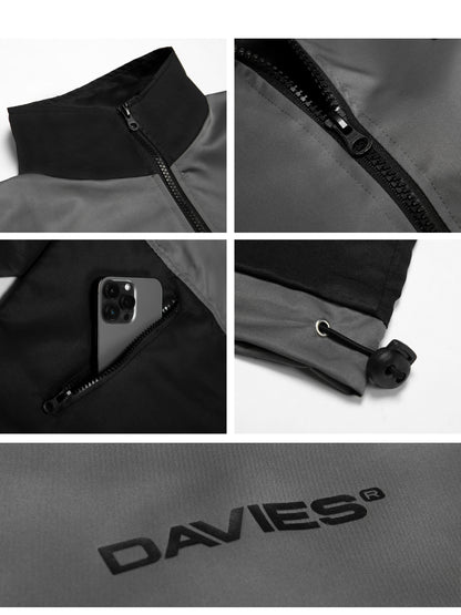 Collage of a gray jacket with close-up details and the brand 'DAVIES' visible.