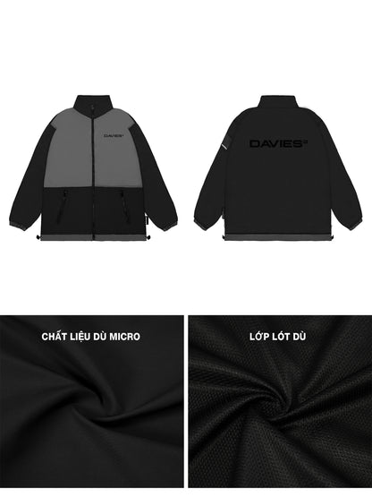 Black and gray jacket with 'DAVIES' branding, shown from front and back, with fabric texture details.