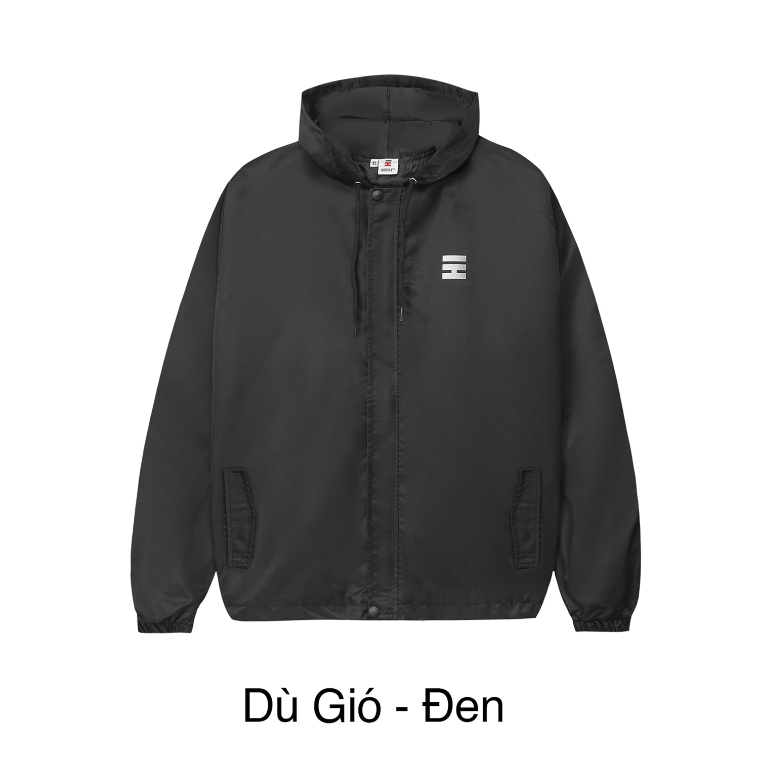 Black jacket with a brand logo on a white background