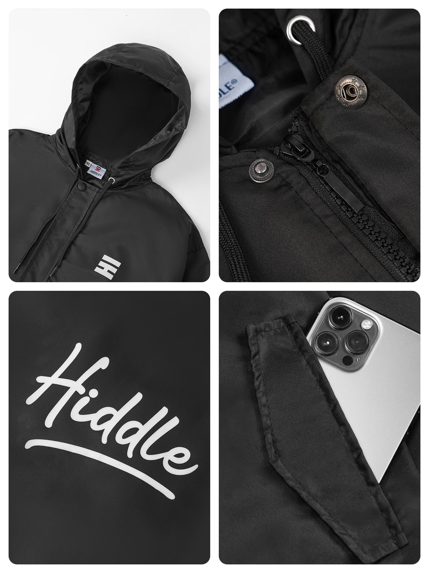 Black jacket with 'Hiddle' branding and various features shown in close-up.