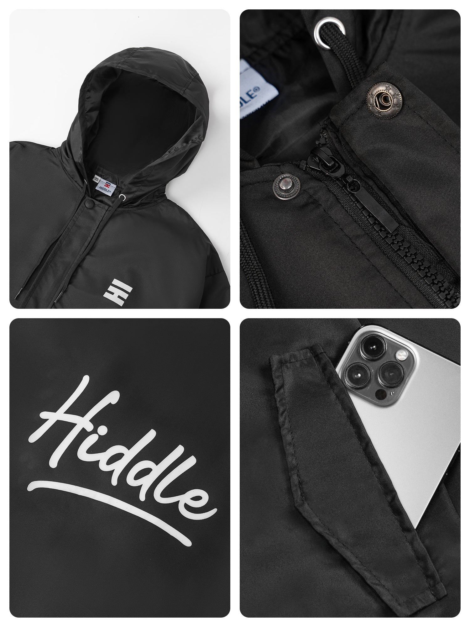 Black jacket with 'Hiddle' branding and various features shown in close-up.