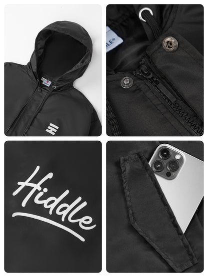 Black jacket with 'Hiddle' branding and various features shown in close-up.