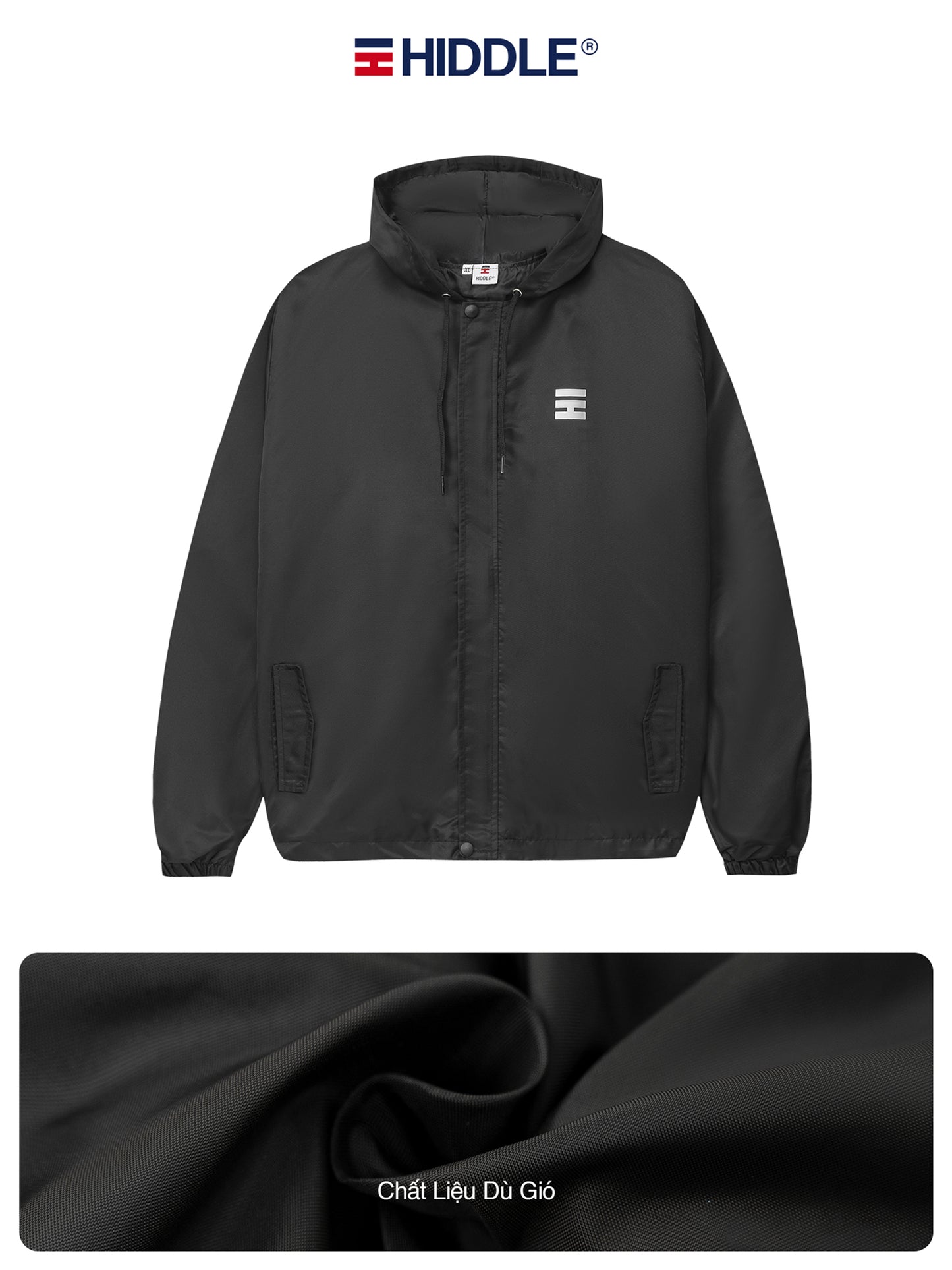 Black jacket with a brand logo on a white background