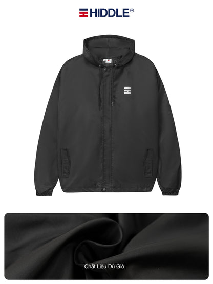 Black jacket with a brand logo on a white background