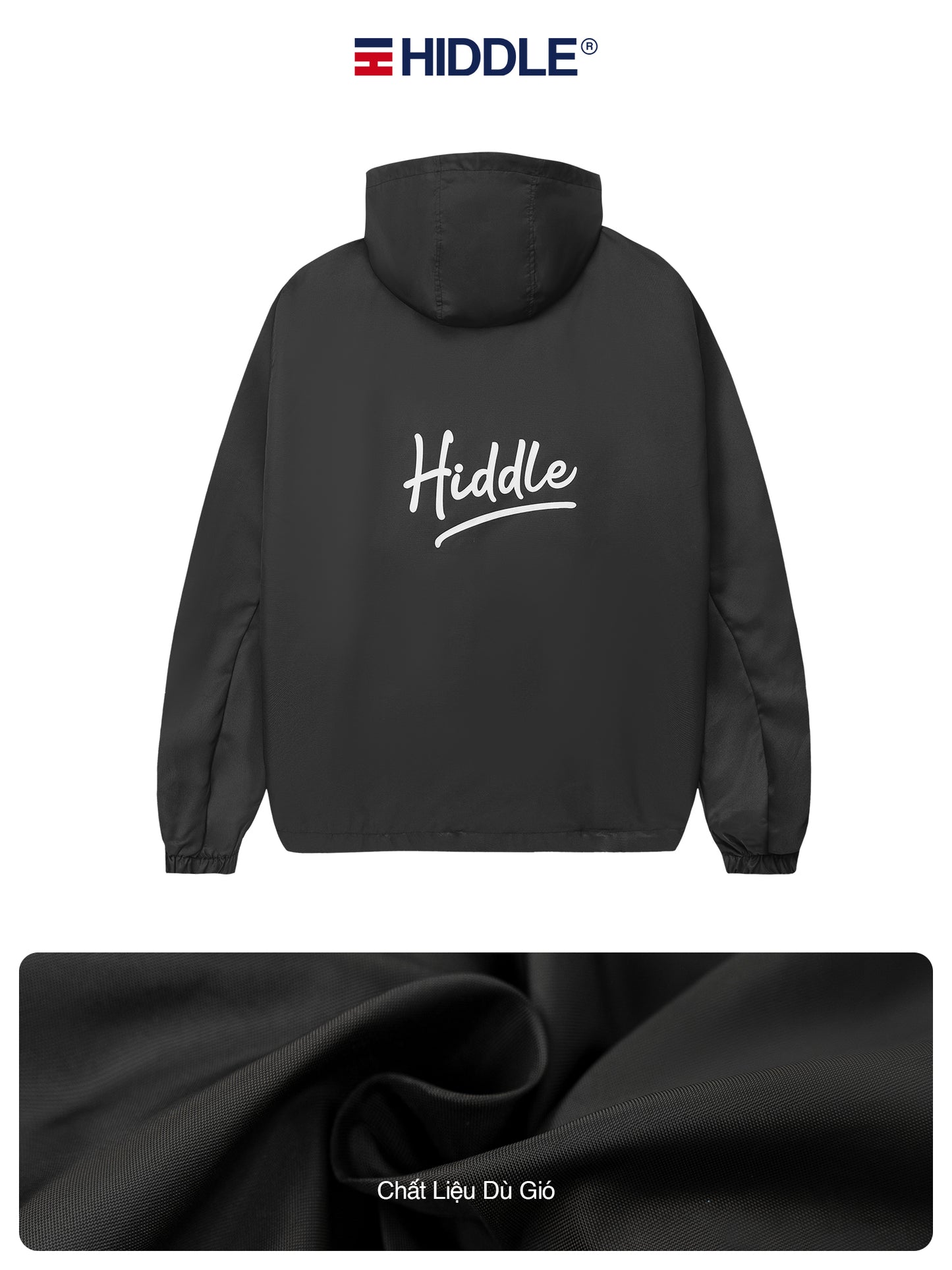Black jacket with 'Hiddle' branding on a white background