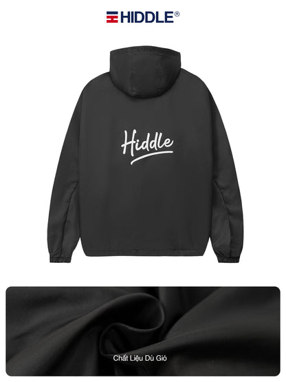 Black jacket with 'Hiddle' branding on a white background