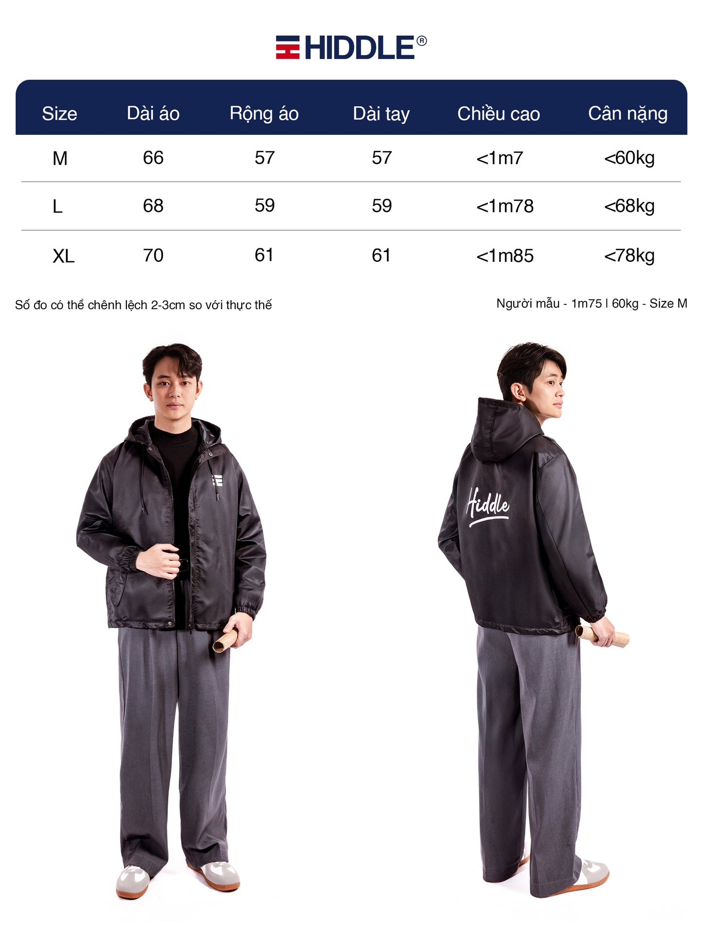 Hiddle jacket size chart with two models wearing the jacket.