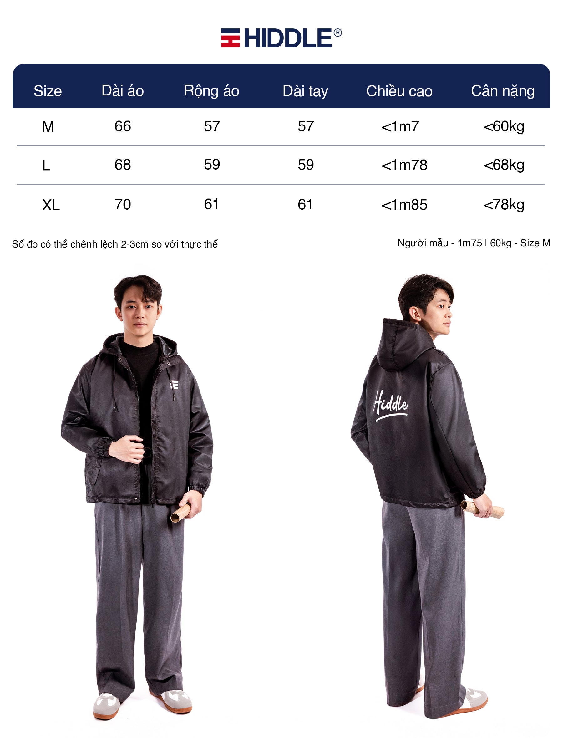 Hiddle jacket size chart with two models wearing the jacket.