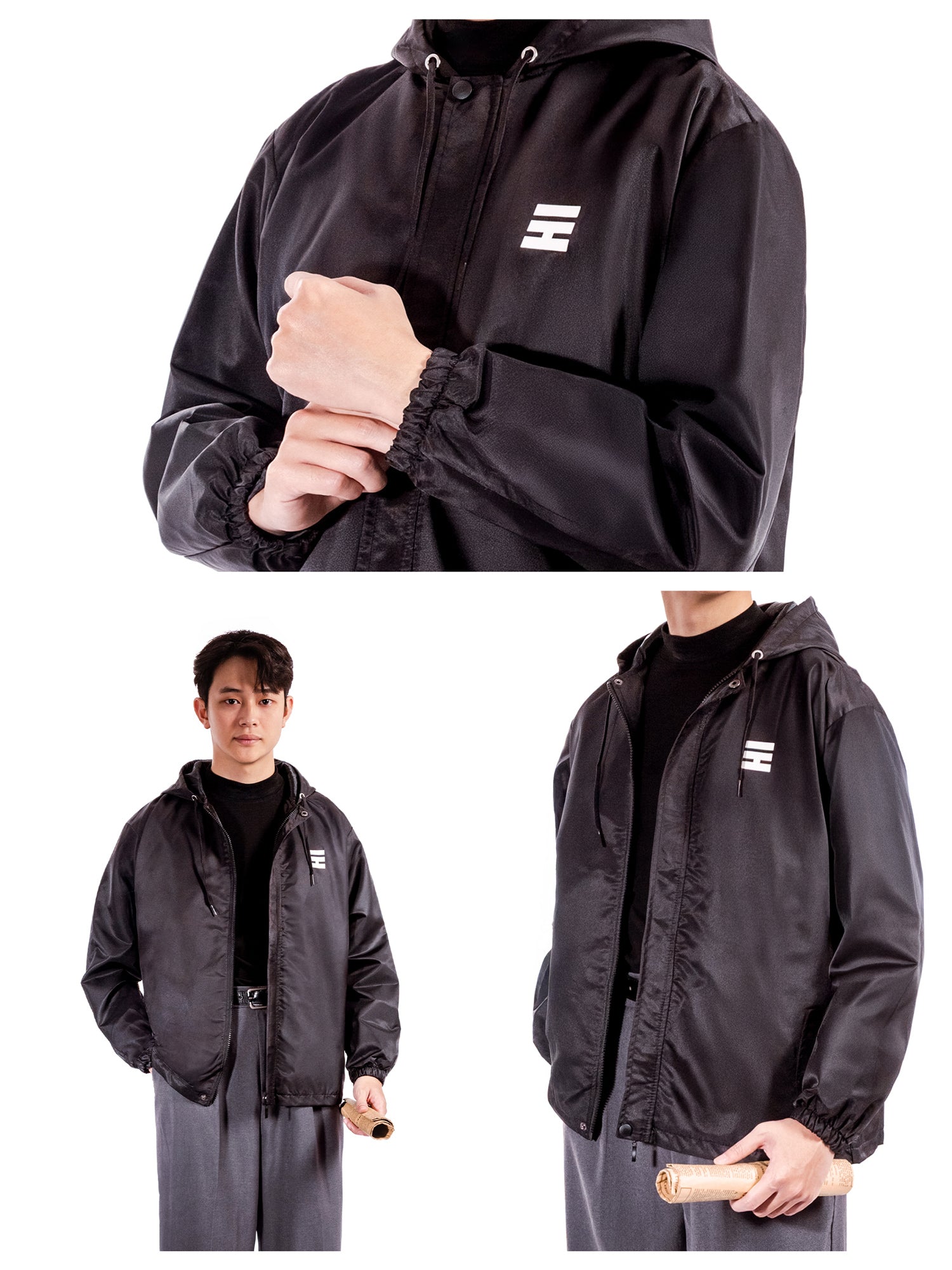 Black jacket with a logo on a white background
