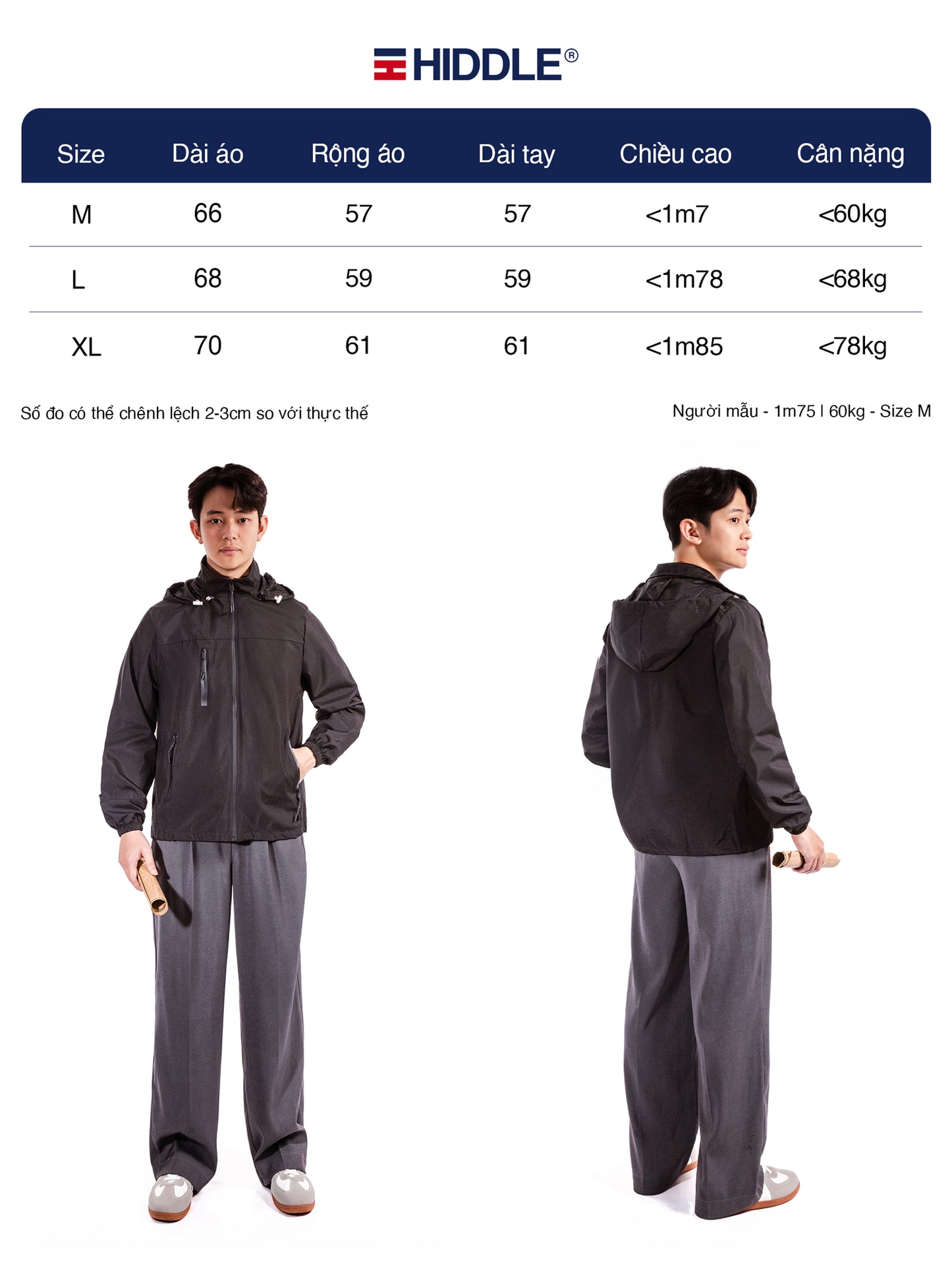 Hiddle raincoat and pants set with size chart and model wearing the set.
