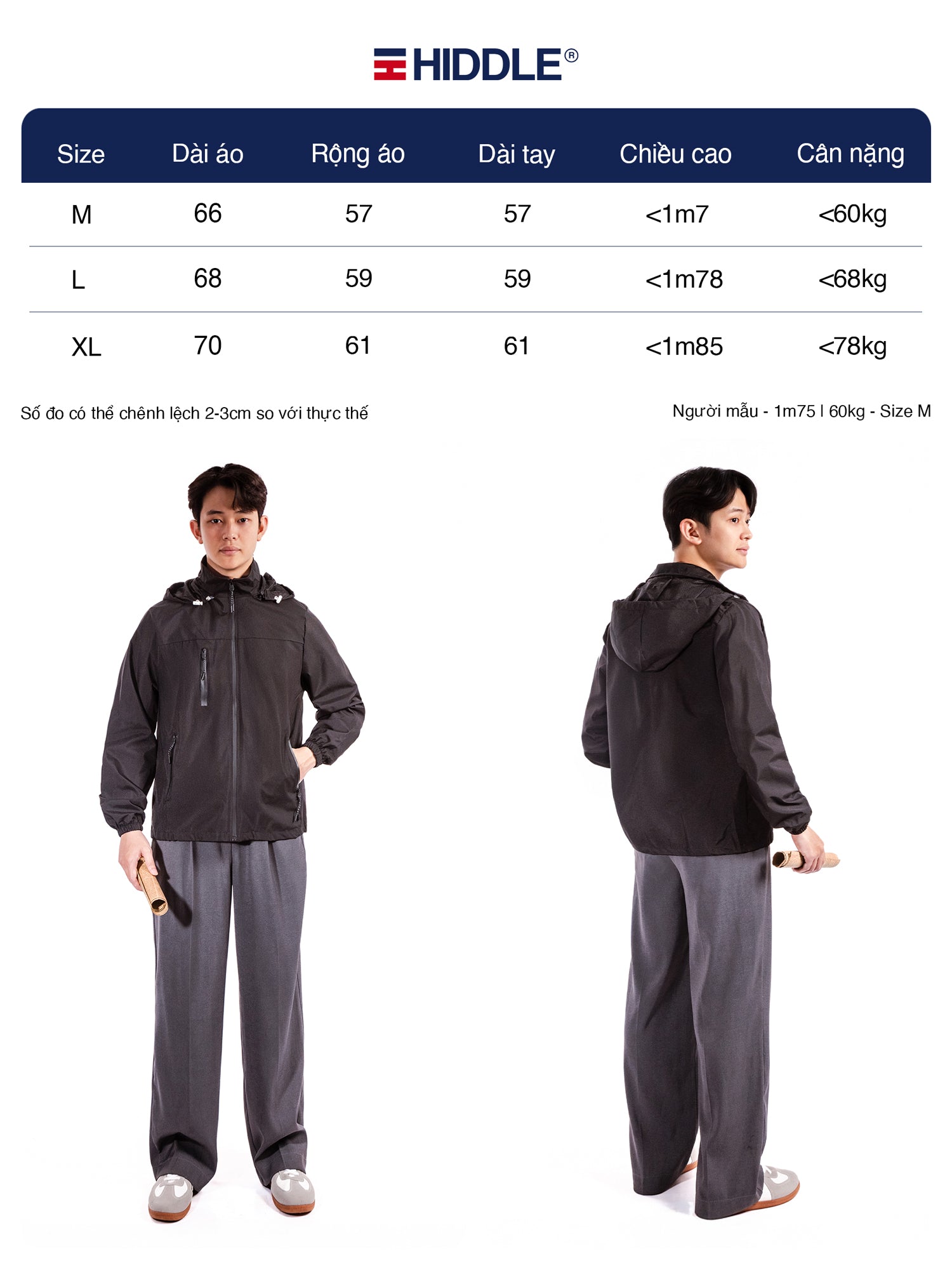 Hiddle raincoat and pants set with size chart and model wearing the set.