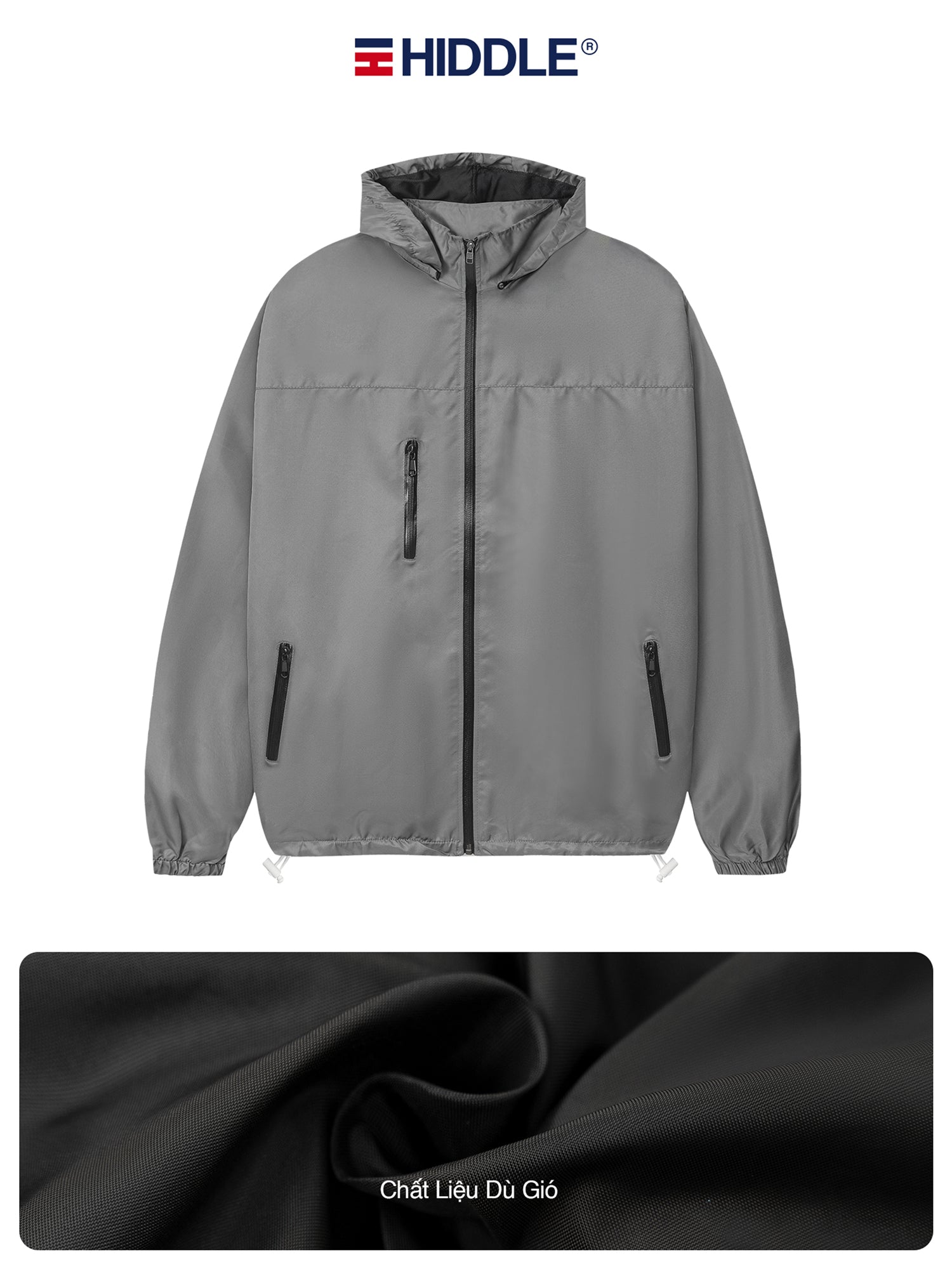 Gray jacket with black zippers on a white background, featuring the Hiddle brand.