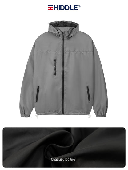Gray jacket with black zippers on a white background, featuring the Hiddle brand.