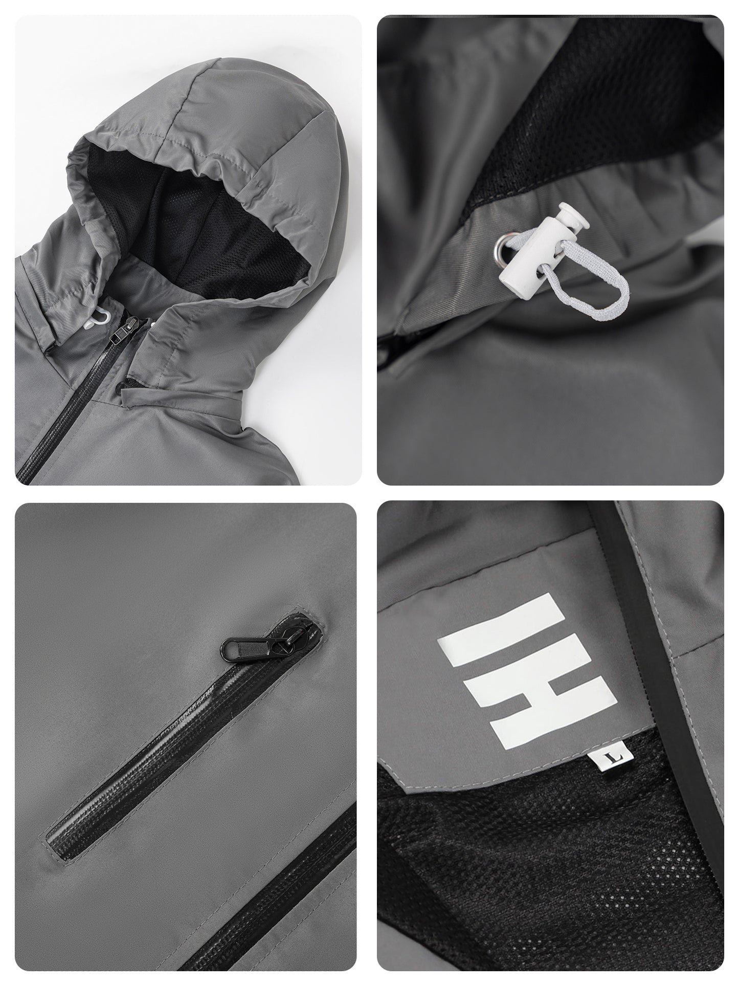 Collage of a gray jacket with close-up details on a white background