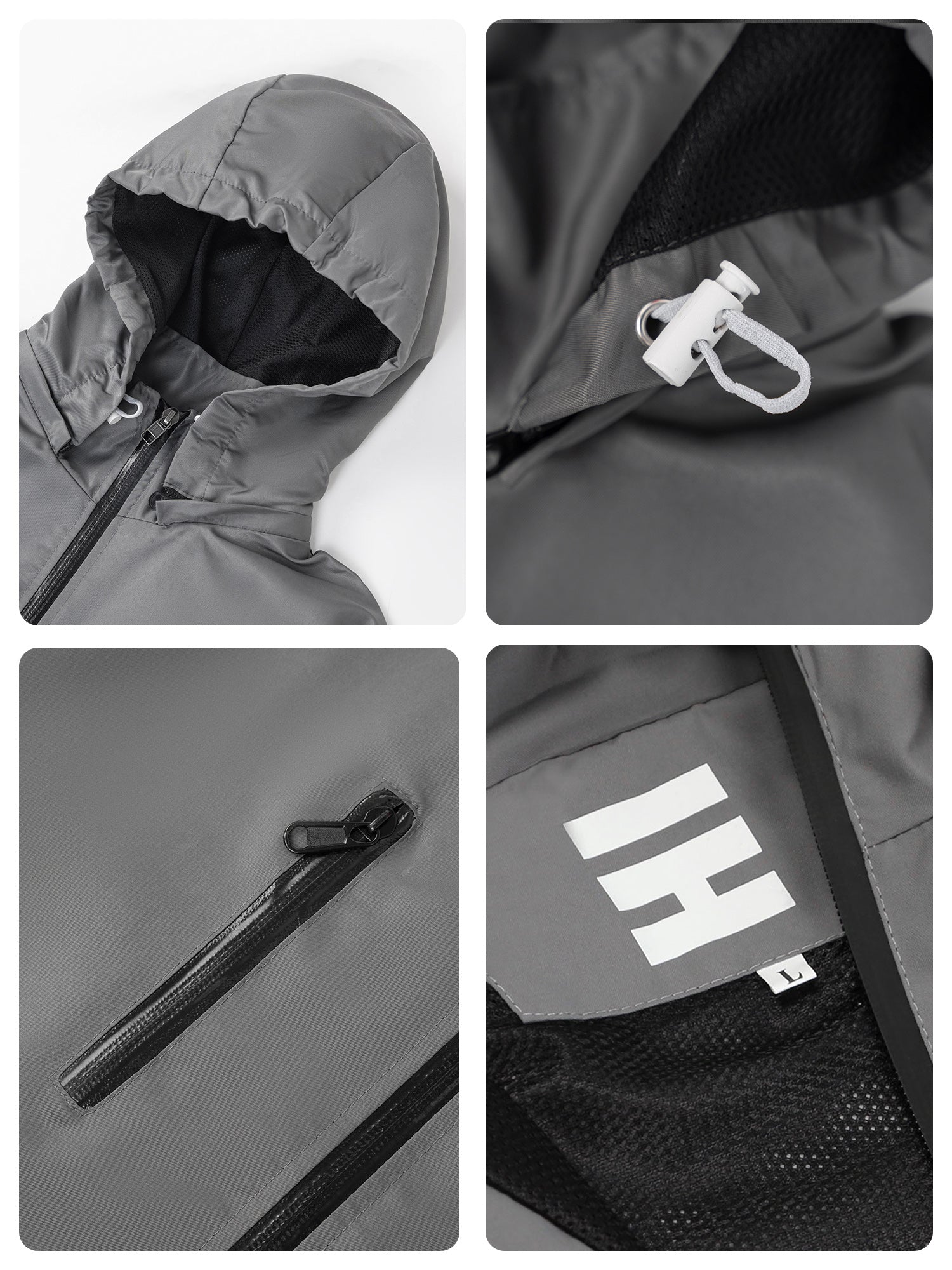 Collage of a gray jacket with close-up details on a white background