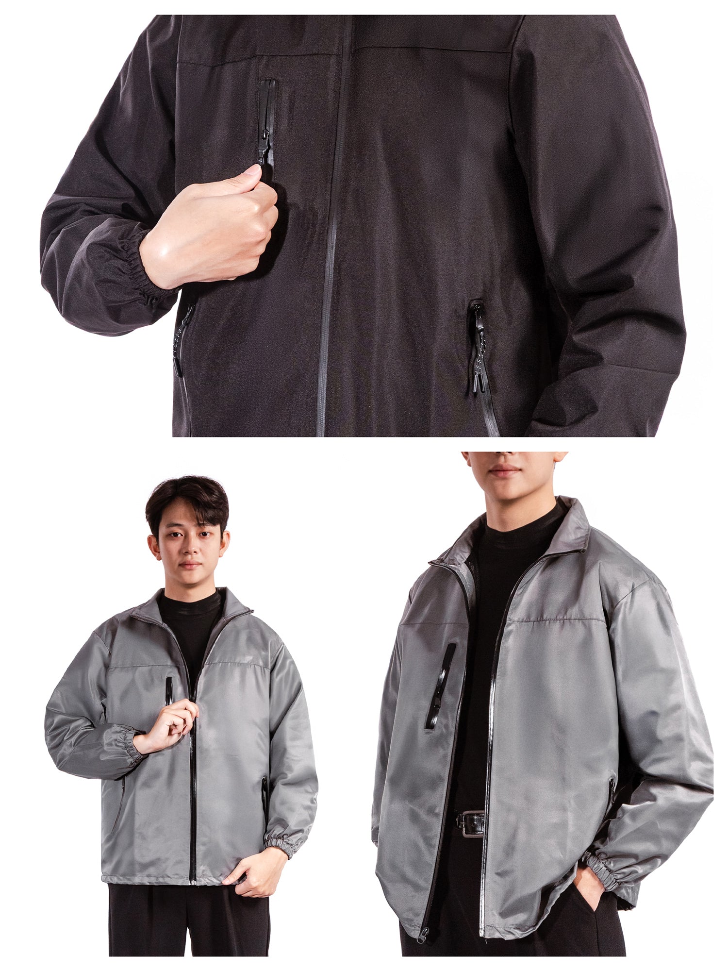 Black and gray jackets shown on a white background