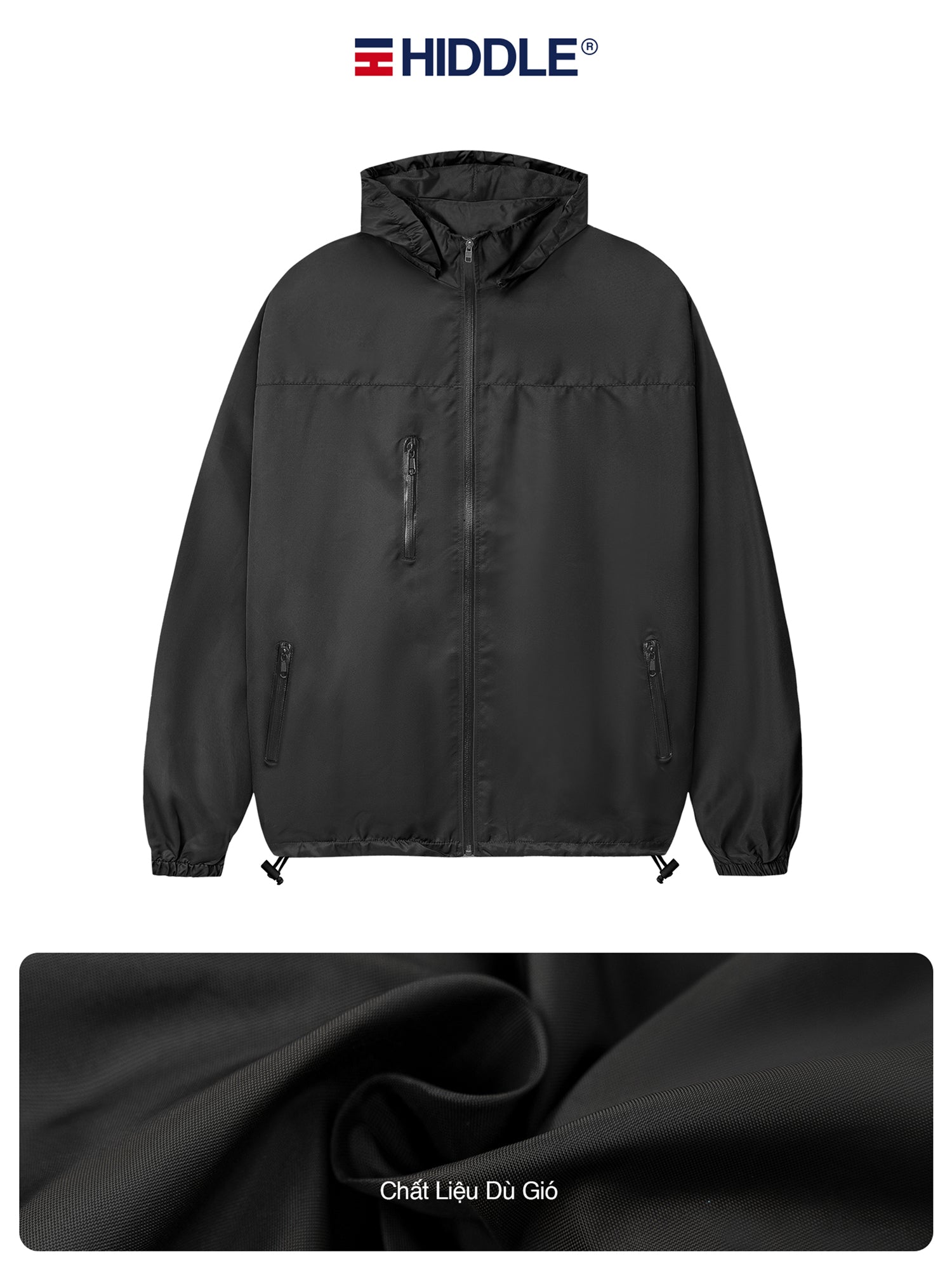 Black jacket with a close-up of fabric texture on a white background, featuring the Hiddle brand.