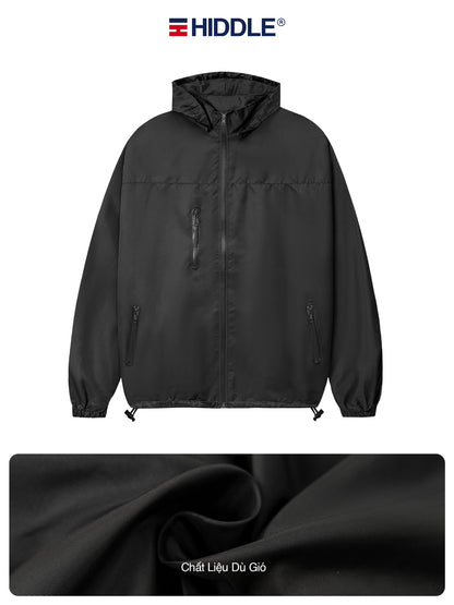 Black jacket with a close-up of fabric texture on a white background, featuring the Hiddle brand.