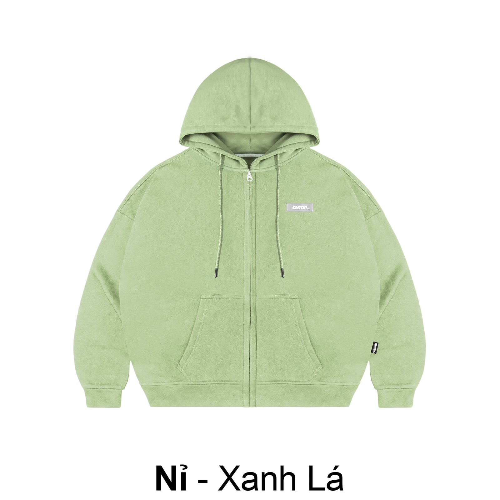 Light green hoodie with a brand logo on a white background