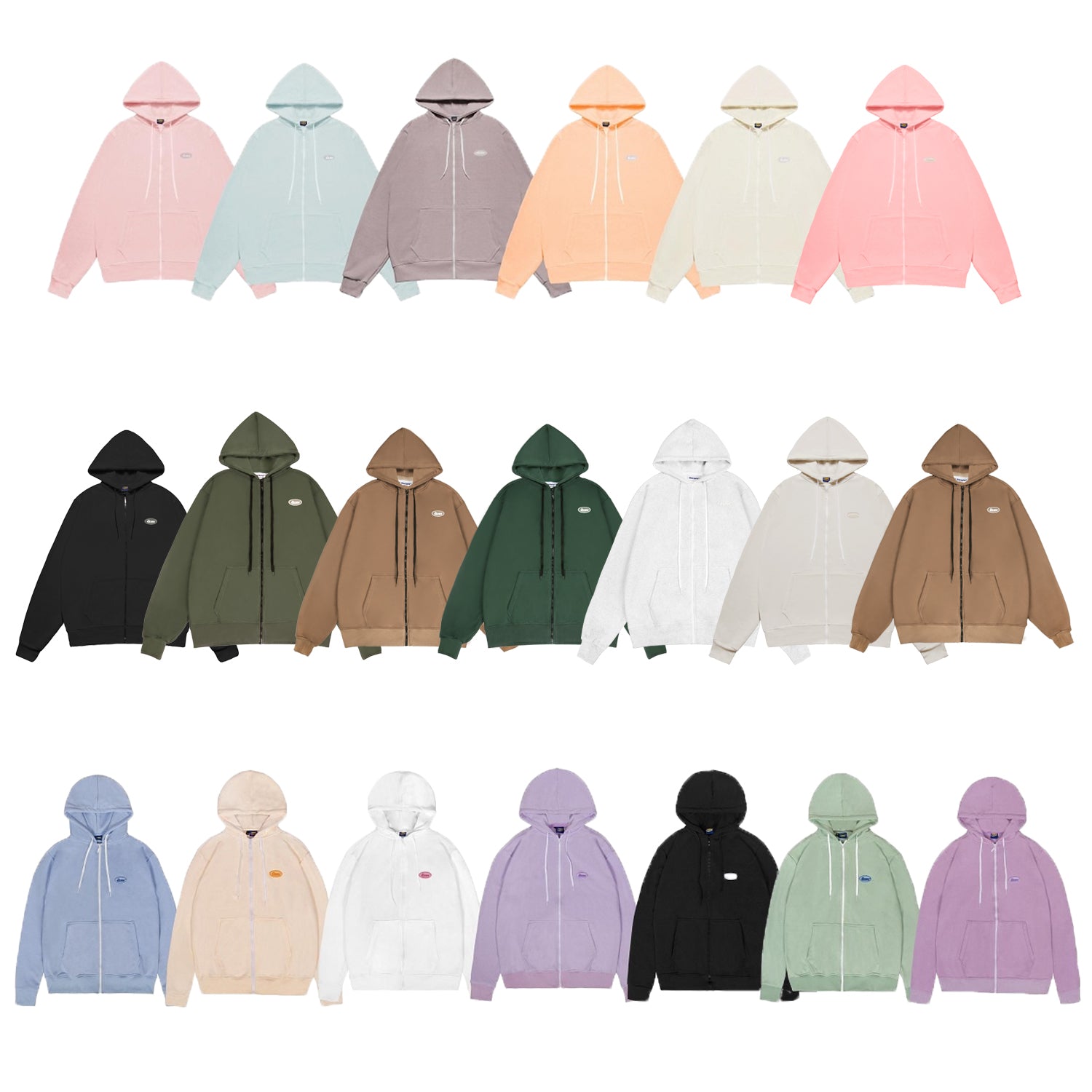 Collection of hoodies in various colors on a white background