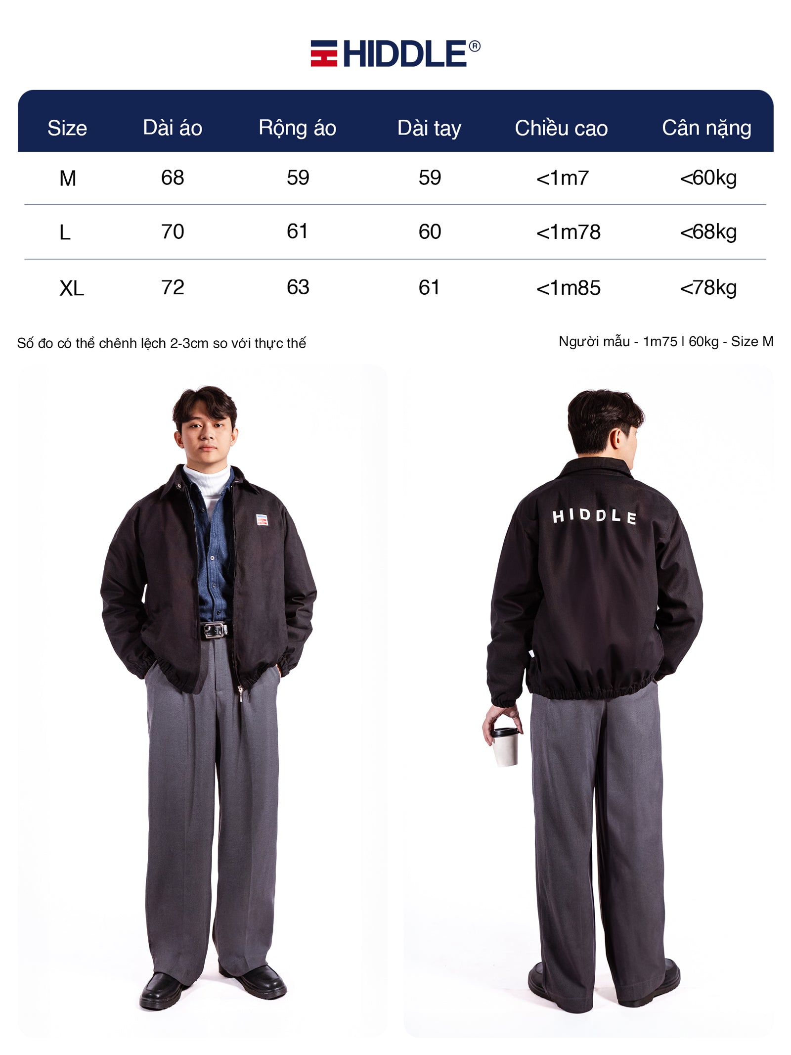 Hiddle jacket size chart with two models wearing the jacket.