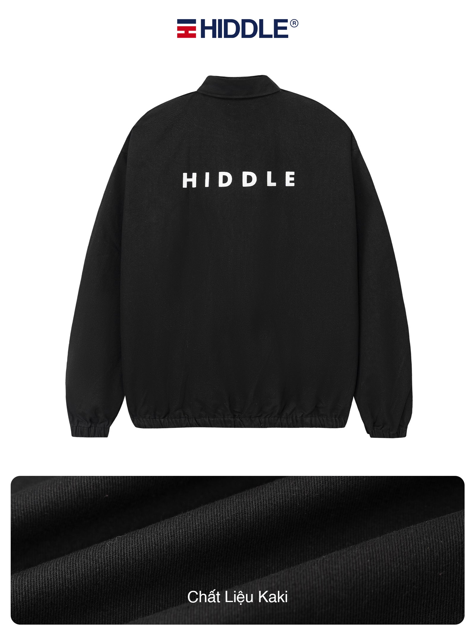 Black jacket with 'Hiddle' branding on a white background