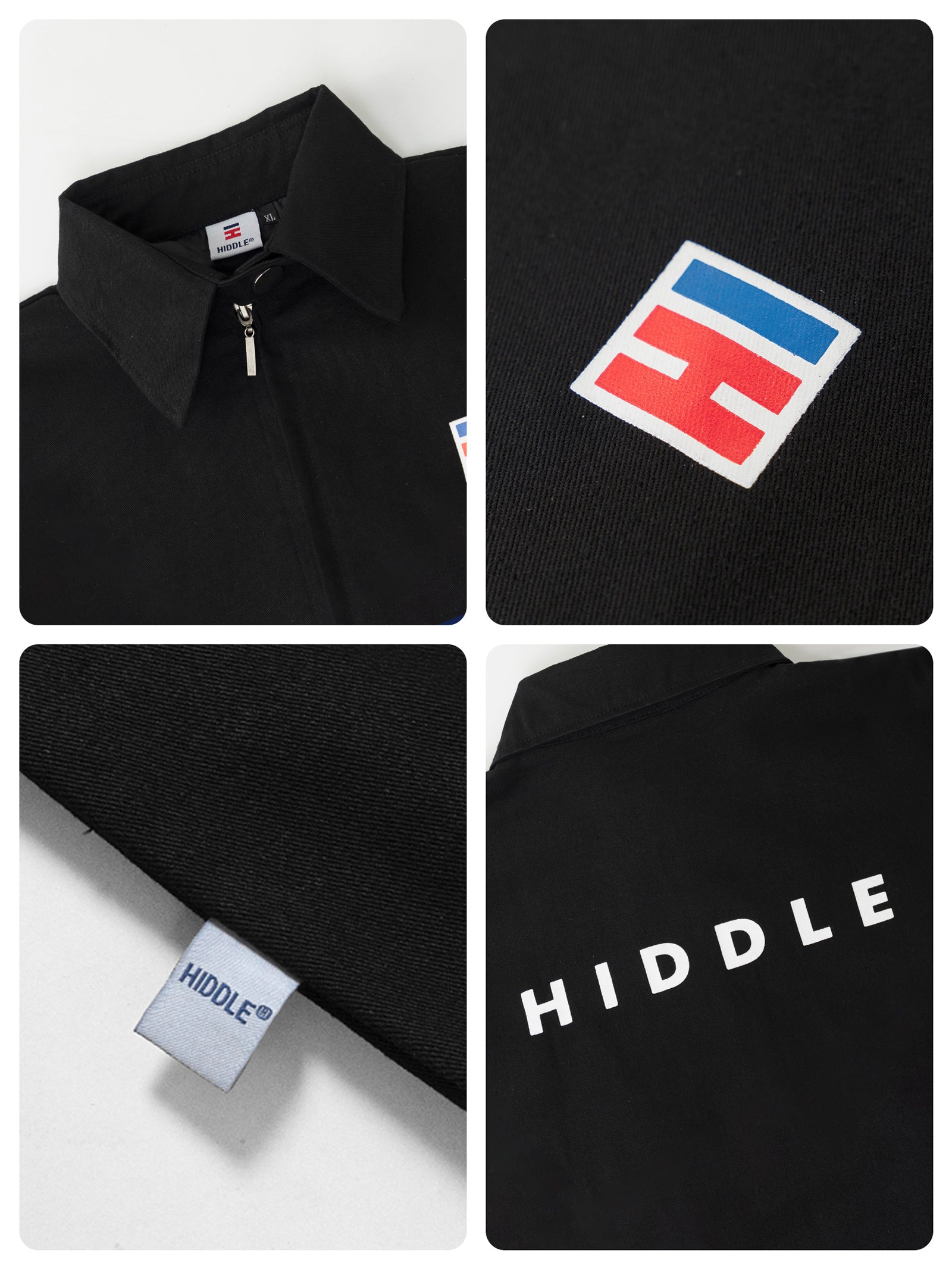 Black polo shirt with logo and brand name on a white background