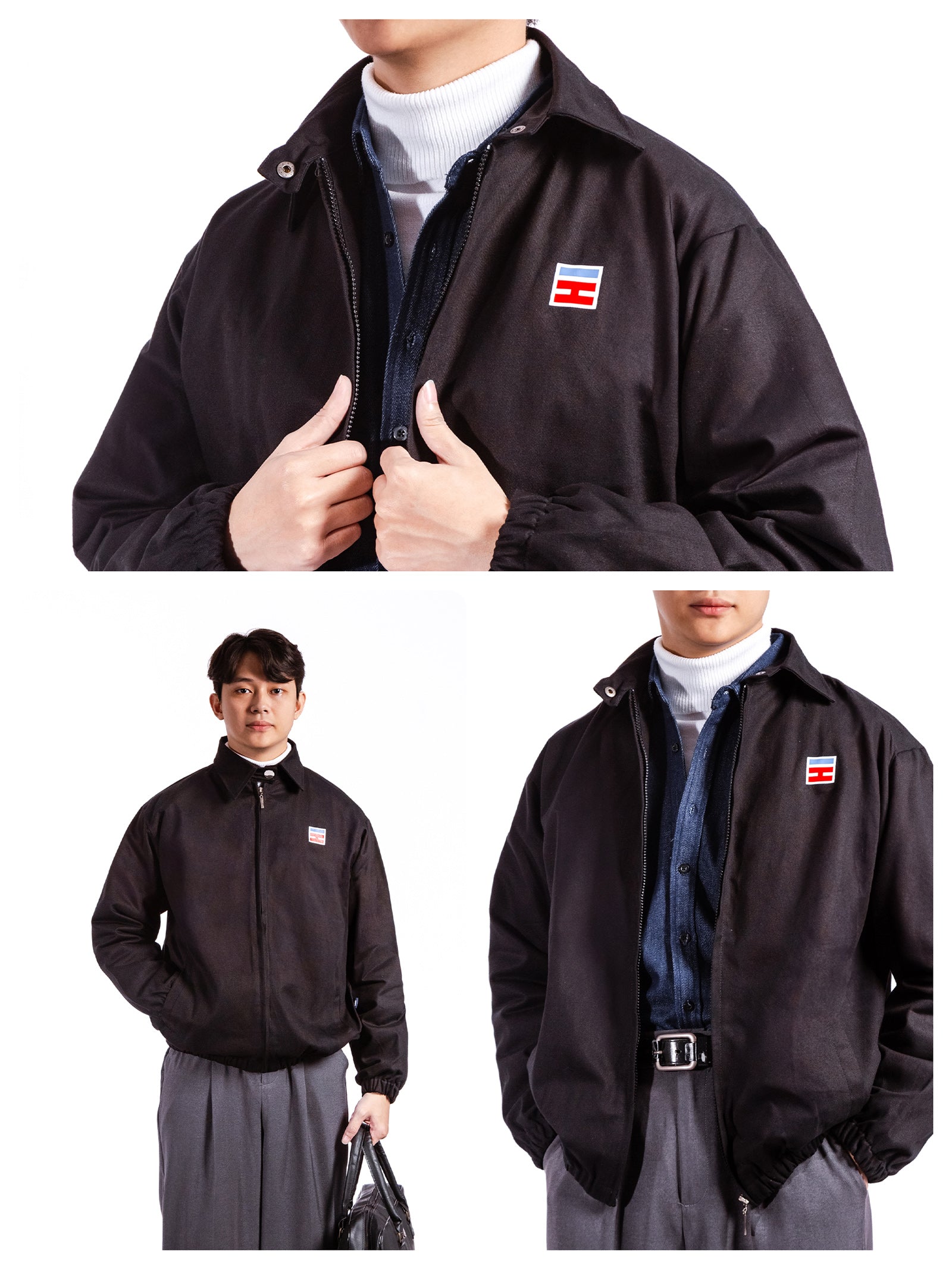 Black jacket with a logo worn by a person on a white background
