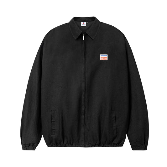 Black jacket with a small logo on a white background