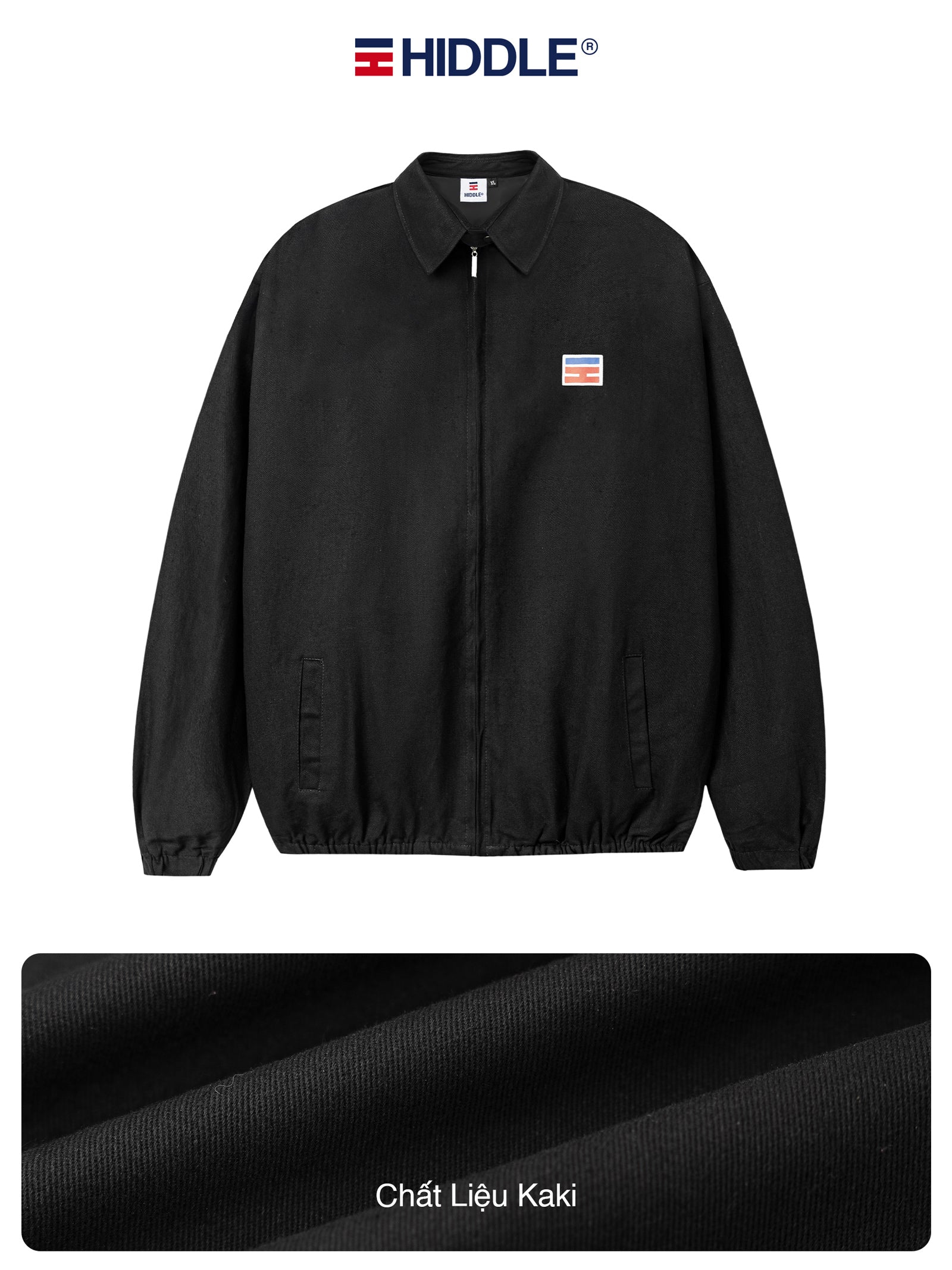 Black jacket with a small logo on a white background, featuring the brand 'Hiddle'.