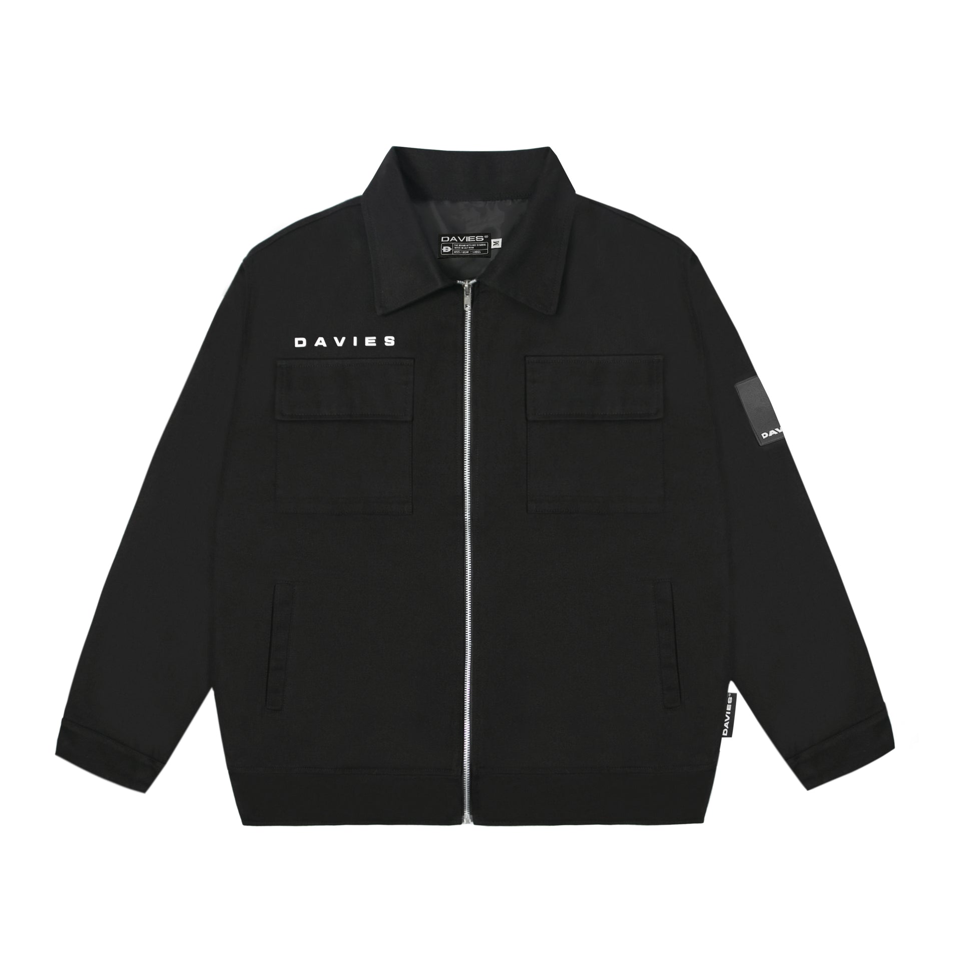 Black jacket with 'DAVIES' branding on a white background