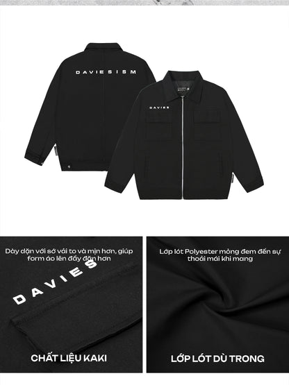 Black jacket with 'DAVIES' branding on a white background