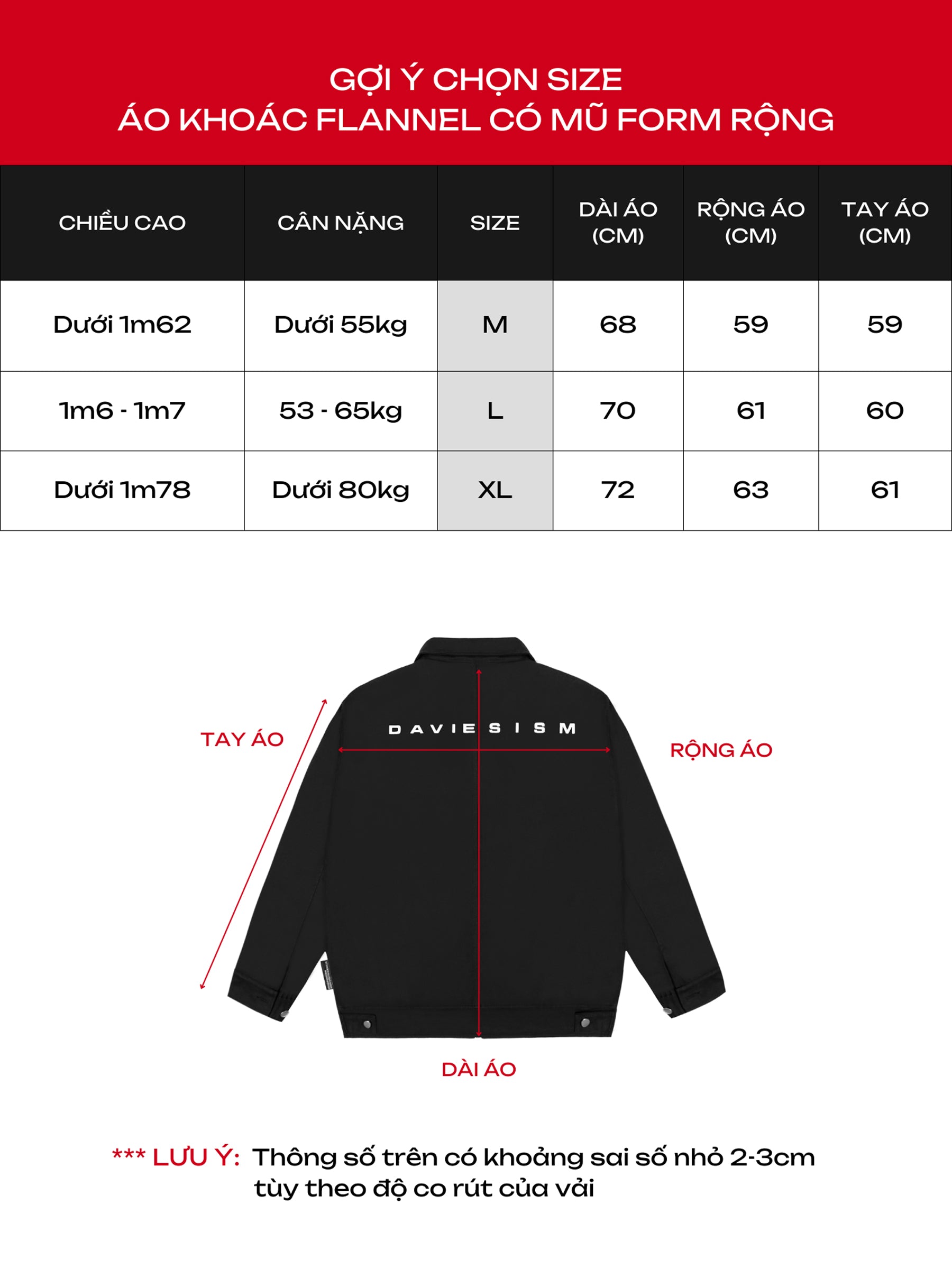 Size chart for flannel shirts with a black jacket illustration on a red and white background.